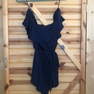 Navy off the shoulder romper with waist tie